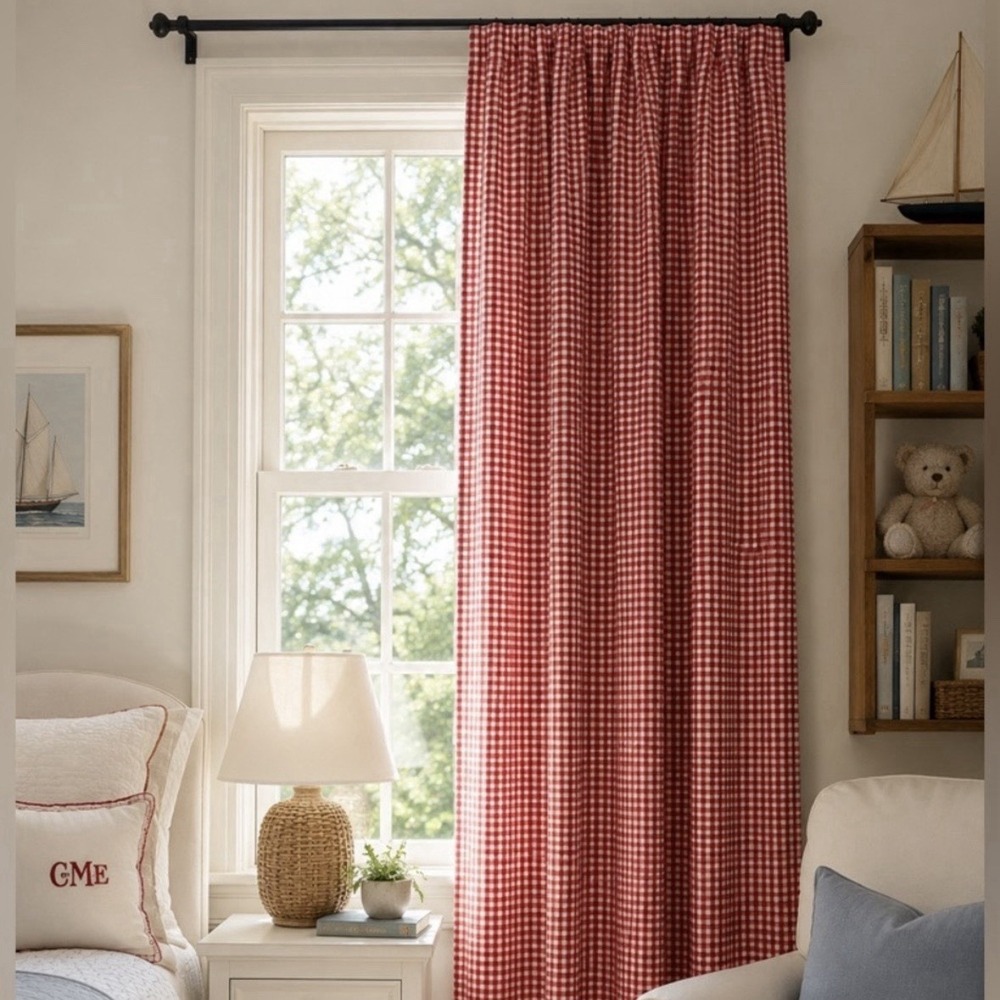 Pottery Barn Kids Red Gingham Curtain Panel 44x84 100% Cotton Vintage Check PBK